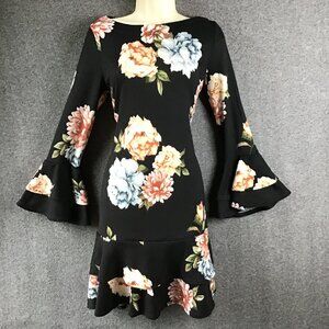Vintage Rare Print Bell Sleeve Floral Dress Sz S Tiered Bottom